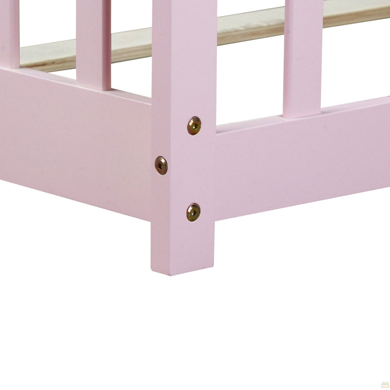 Lit simple au sol avec clôture et porte, lit en bois d'hévéa avec garde-corps de sécurité, rose, Twin, Pink