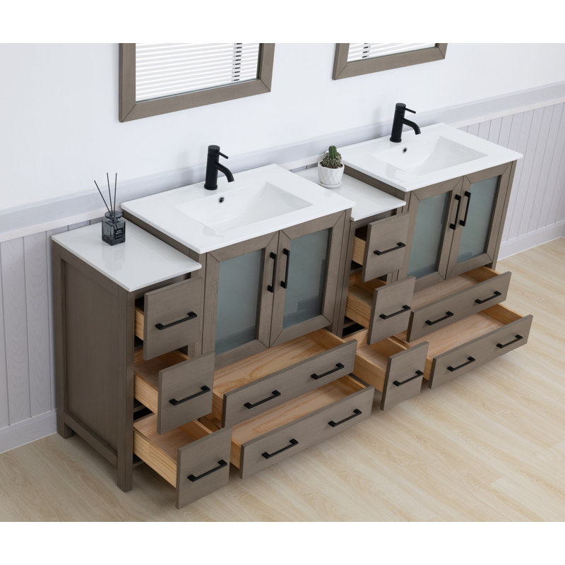 Ensemble de meuble-lavabo autoportant à double cuve 84 po avec plateau en céramique et miroirs assortis Brescia, Gris foncé