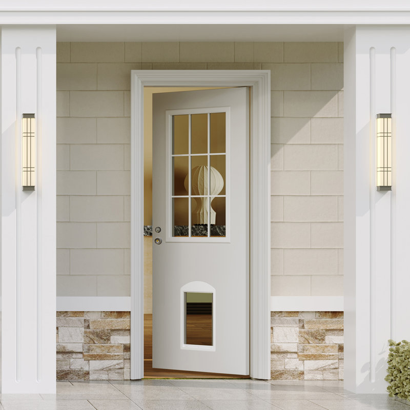 Dalle de porte extérieure en bois massif blanc avec verre transparent 9-Lite et porte pour chien intégrée, avec poignée à bouton noir et verrou à pêne dormant (système à clé unique)