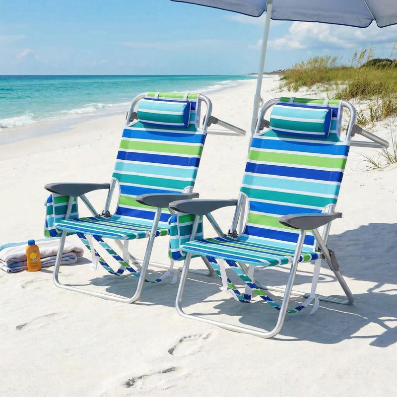 2Pcs Portable Beach Chair for Adults with Backpack Straps – Lightweight Lay Flat Folding Camping Chair, 5-Position Recliner with Phone Pocket & Towel Bar– Teal/Blue Stripe
