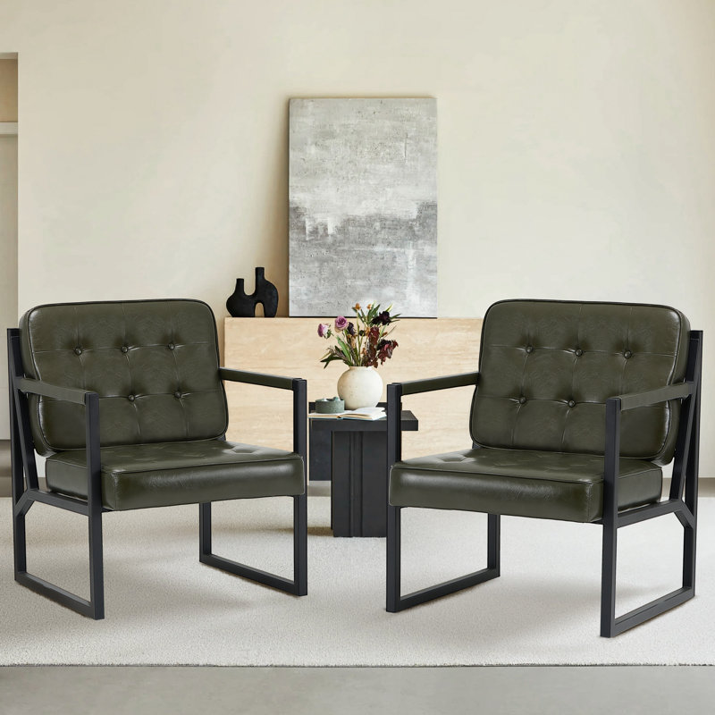 Modern Faux Leather Tufted Back Accent Chair with Metal Farme, Green Faux Leather