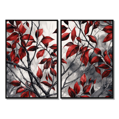 Feuilles rouges et grises sur un arbre VI - décoration murale rouge