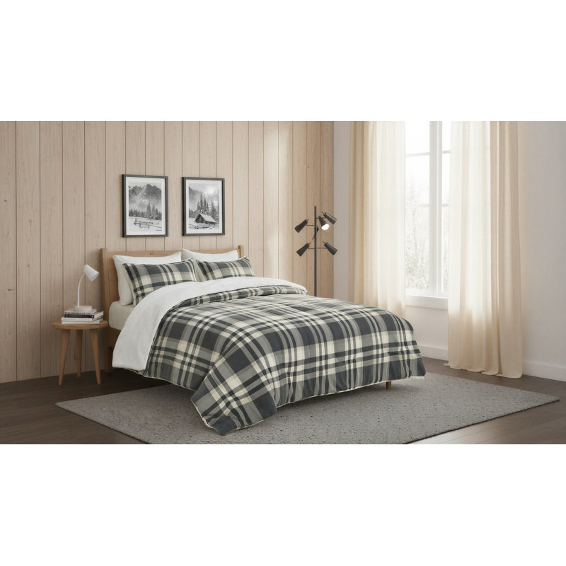 Ensemble de couette réversible à carreaux Whistler en sherpa, gris imitation vison et sherpa duveteux, ensemble de literie 3 pièces pour lit double/queen