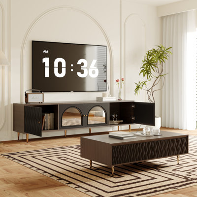 78.7'' Mid-Century Modern TV Stand with Fluted Wood Panel and 4 Storage Cabinets for Living Room