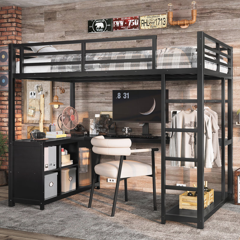 Lit mezzanine en métal avec garde-robe et bureau en L, Lit simple, Noir