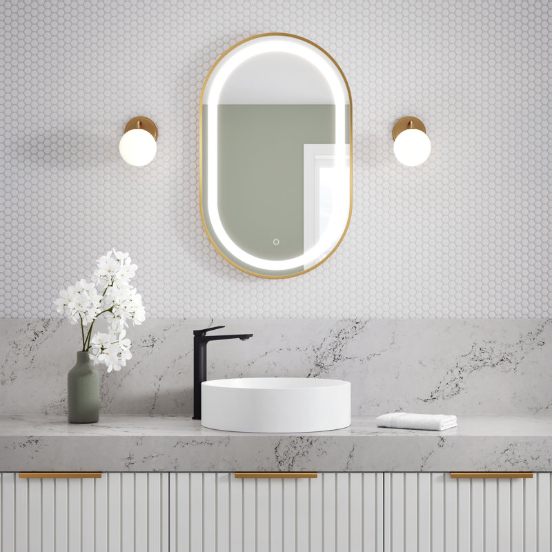 Effect LED-Illuminated Oblong Mirror Brushed Gold Frame with Frosted Strip, 32" H x 20" W x 1.5" D