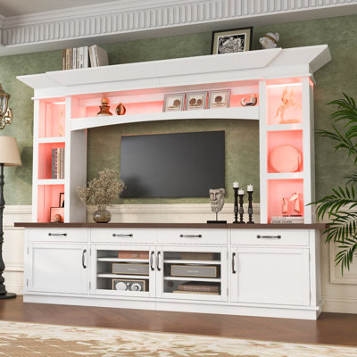 Entertainment Center for TVs up to 65", 7-Color LED Lights, Drawers, Cabinets and Display Shelves, Modern Farmhouse, Living Room