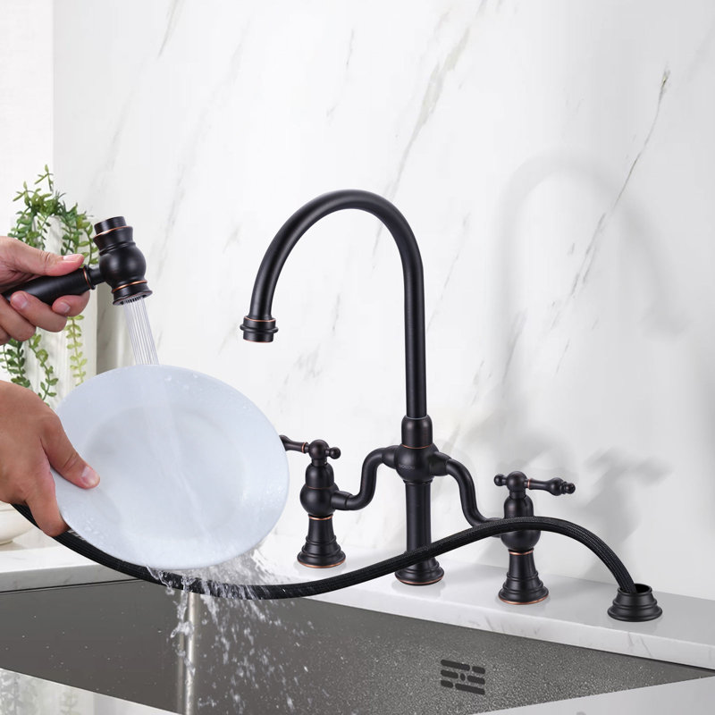 ARCORA Double-Handle High-Arc Widespread Deck Mounted Bridge Kitchen Faucet With Side Spray, Oil Rubbed Bronze