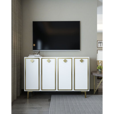 Console moderne avec option de fixation murale, blanche et dorée, 47,2 po x 29,5 po x 11,6 po | 100% panneau de particules enduit de mélamine, épaisseur: 0,7 pouce | Plusieurs tablettes élégantes et fonctionnelles pour une décoration glamour