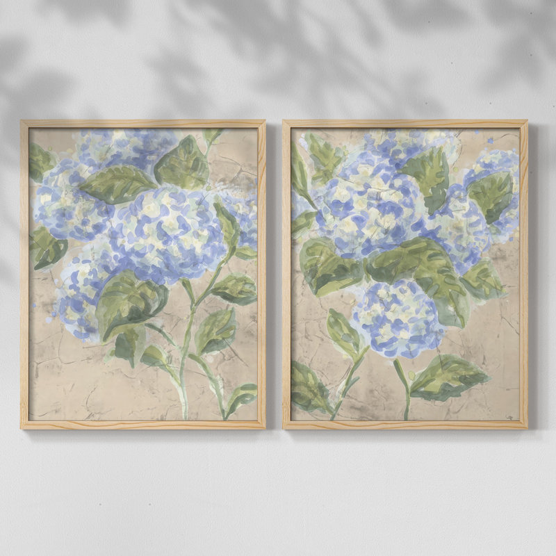 «Vintage Hydrangea Fresco I», reproduction encadrée de qualité supérieure - prête à être accrochée - aucun clou requis - aucun clou requis