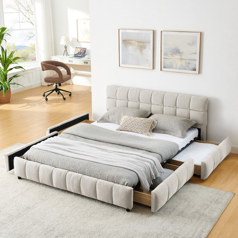 Grand lit tapissier avec tiroir pour le rangement., Beige