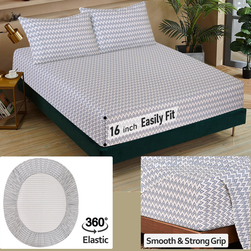 100% Cotton Sheets Sets Soft Crispy Percale Cooling Sheets 16 Inch Deep Pocket Bed Sheets, Chevron