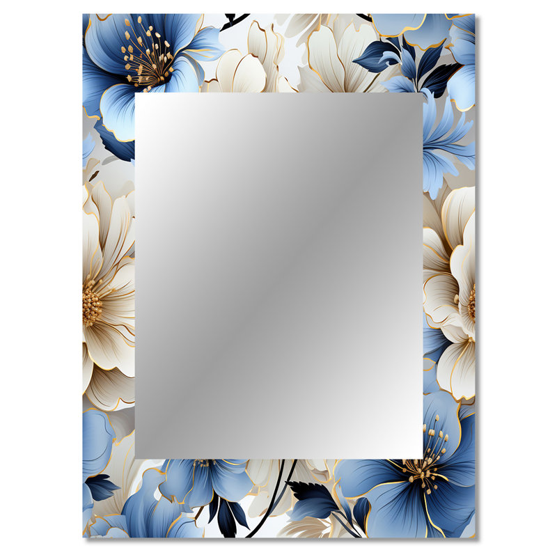 Zadia Blue And White Floral Dream Pattern - Floral Wall Mirror, Cottage Decorative Mirror, Printed Metal Art, 40" x 30"