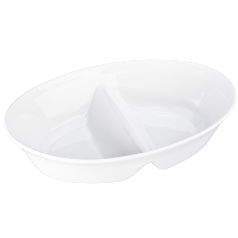 White Ceramic 10.5" Divided Oval Chips and Dip Serving Bowl