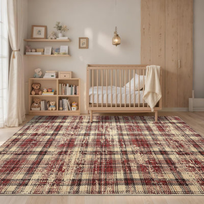 Tapis écossais lavable tartan 5 pi x 7 pi, tapis en velours perle doux antidérapant antidérapant et antidérapant, tapis de sol écossais de luxe pour le salon, la chambre de bébé et le bureau, rouge