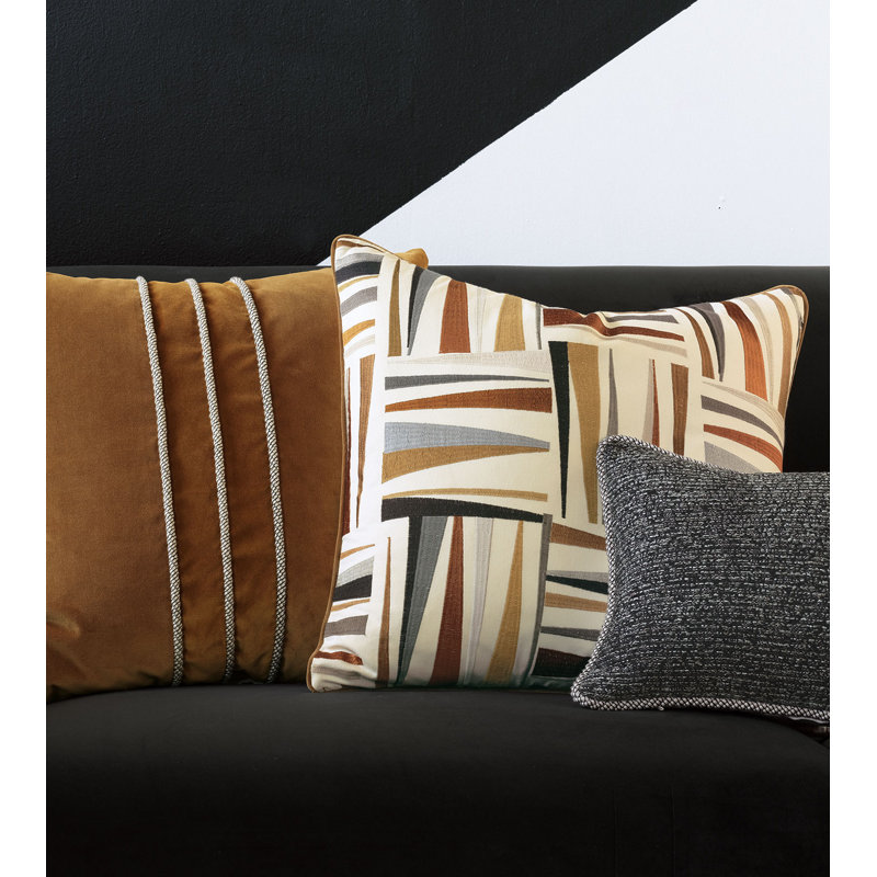 Gray Embroidered Rectangular Lumbar Pillow with Piped Edges