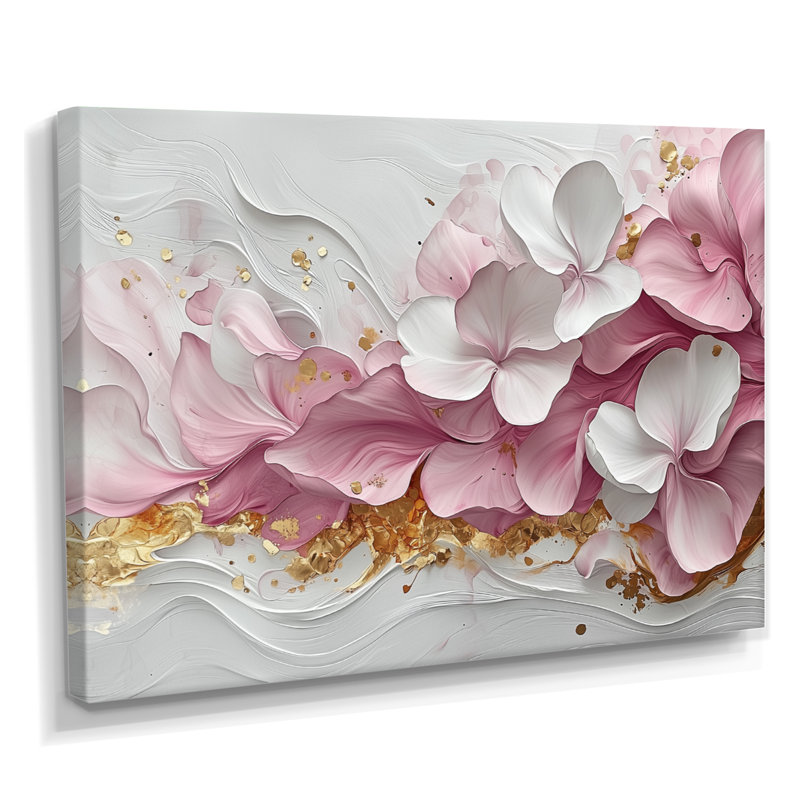 Or rose élégant veines de pétales de fleurs - art abstrait fleurs murales, H 24 po x l 32 po, Toile tendue, Ne s’applique pas