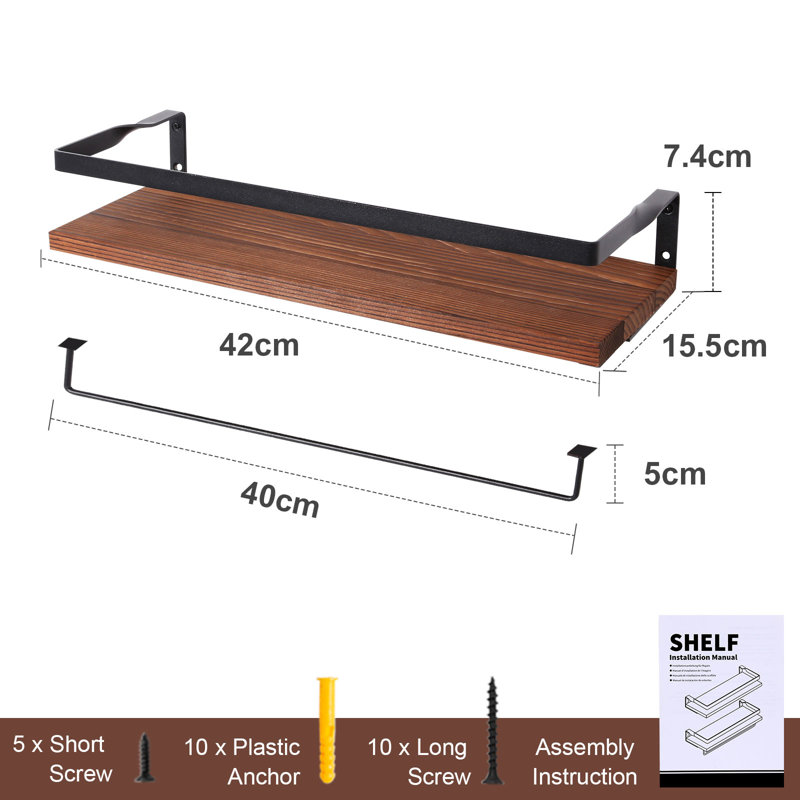 Ensemble de 2 tablettes murales flottantes, Brun clair, Noir