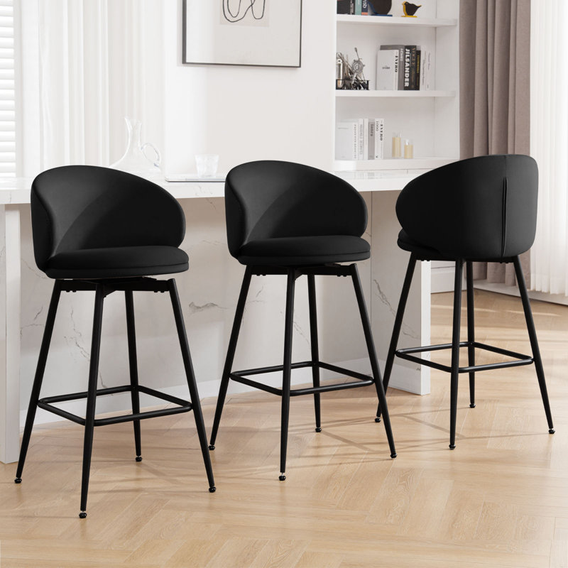 Black Velvet Upholstered Swivel Counter Height Bar Stools, Set of 2