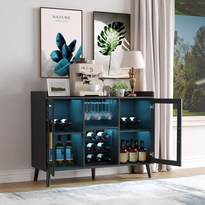Freestanding Wine & Coffee Bar Cabinet with LED Lighting, Sideboard Buffet with Glass Holders, Wine Racks and Storage for Dining or Living Room