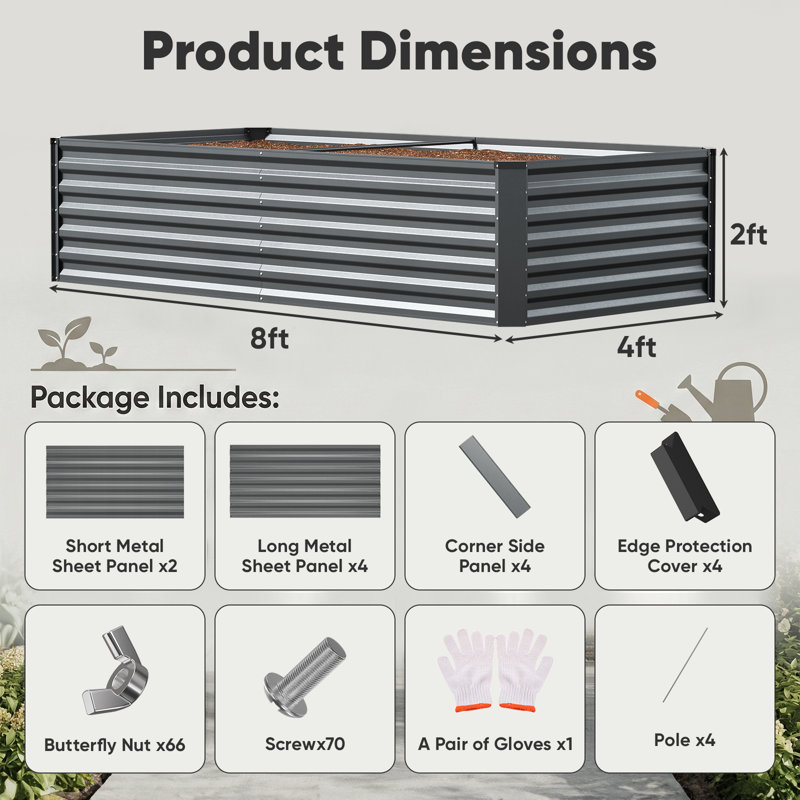 Galvanized Raised Garden Bed, 8X4x2 FT Metal Planter Box With Reinforced Support Bars, For Growing Vegetables, Flowers, Herbs For Backyard, Patio, And Farming