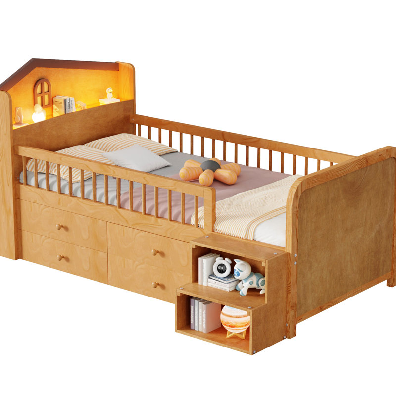 Twin Loft Bed With Led Lighting And Versatile Storage For Natural Efficient Space - Stylish, Natural