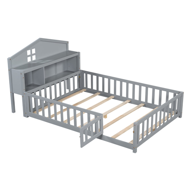 Lit double Montessori avec bibliothèques et tableaux noirs, lits plateforme polyvalents avec garde-corps, lits de sol en bois massif avec têtes de lit à rangement, lits de plancher pour enfants et adolescents gris