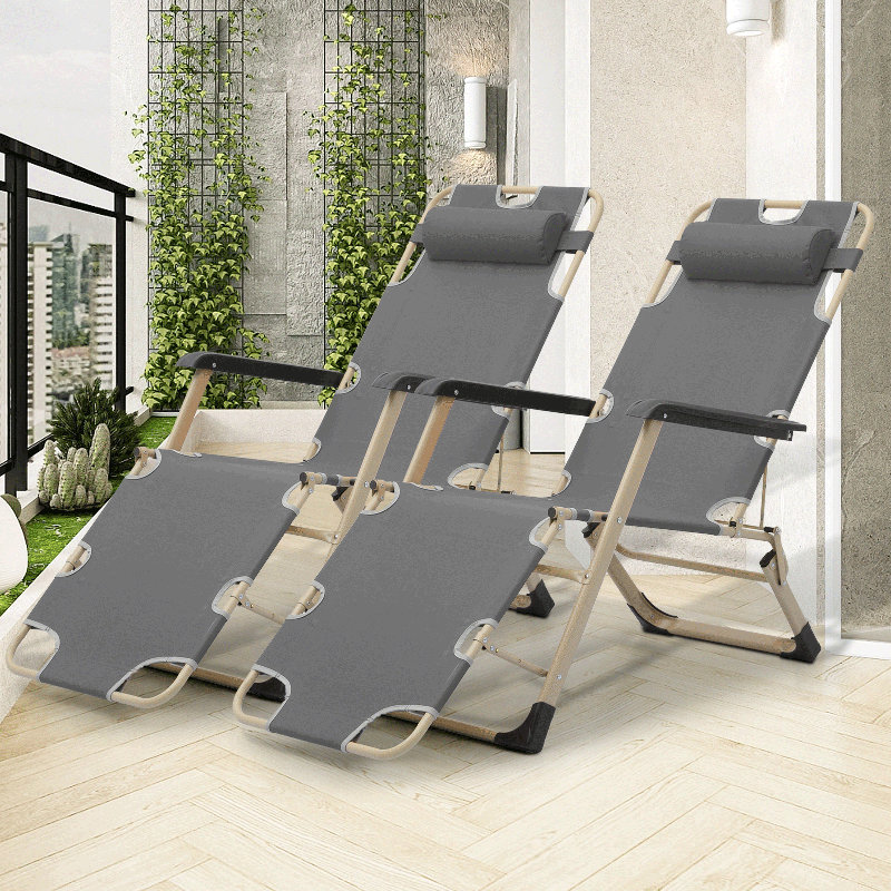 Outdoor Folding Lounge Chairs Recliner, Foldable Reclining Chair with Adjustable Backrest & Footrest, Gray