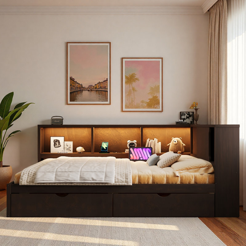 Lit de jour en bois avec tablettes de rangement, ports USB, DEL et 2 tiroirs, Brun