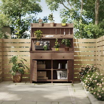 65Inch Garden Potting Bench Table, Fir Wood Workstation With Storage Shelf, Drawer And Cabinet