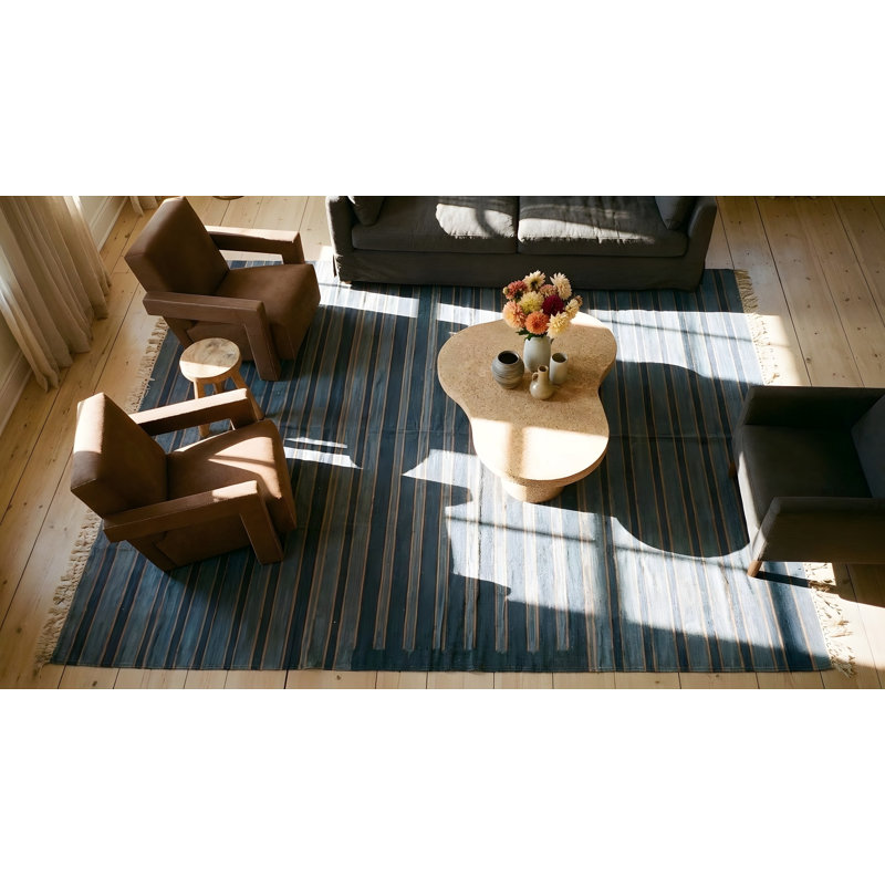 Blue Color Striped Pattern Antique Flat Weave Cotton Indian Dhurrie Rug