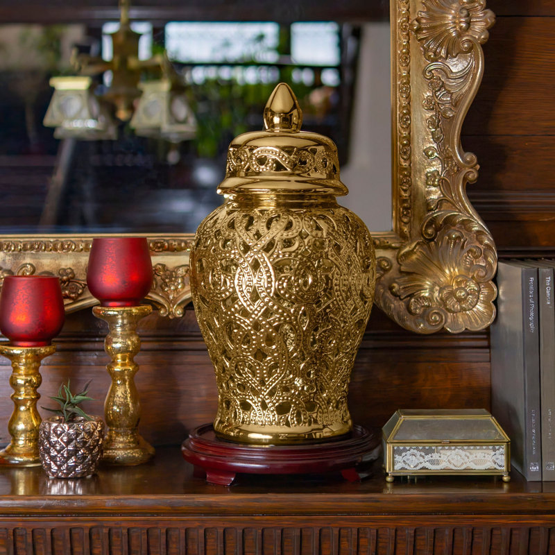 18" Spiral Lattice Temple Jar - Gold, Gold
