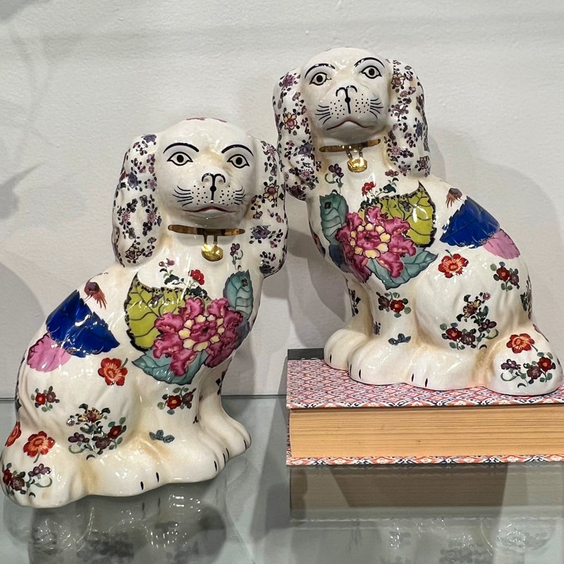 Porcelain Staffordshire Dog Figurines Pair, Blue floral