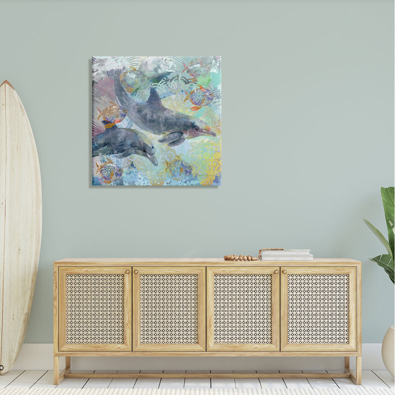 Dauphins et poissons, fractales aquatiques - impression, H 30 po x l 30 po x P 1,5 po, Toile tendue