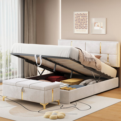 Queen Size Bedroom Set, Upholstered Platform Bed With Hydraulic Storage & Beige Storage Ottoman, Metal Legs