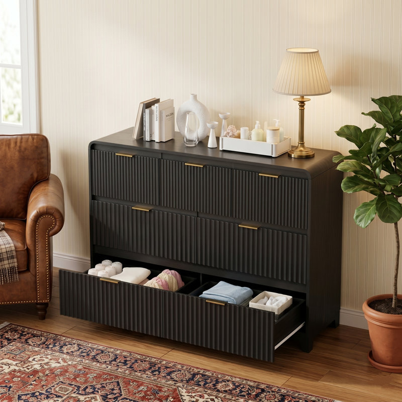 47.2" Modern Fluted 7-Drawer Dresser, Wood Chest of Drawers with Gold Handles for Bedroom, Living Room & Hallway, Black