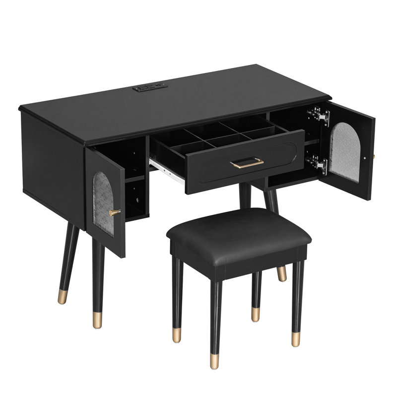 Black Vanity , Makeup Desk, Writing Surface, Storage, Convenient Ports Vanity, Pu Cushioned Stool, Smooth - Gliding Drawer, Glass Storage