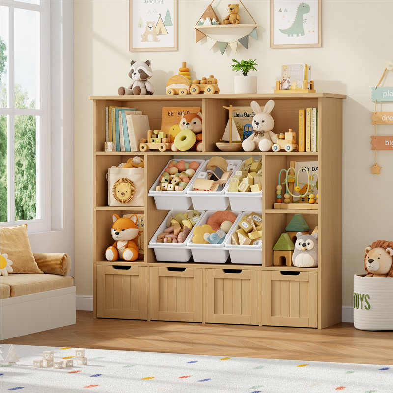 49.4" W Kids Bookcase with 4 Removable Drawers, Cube Organizer, Natural