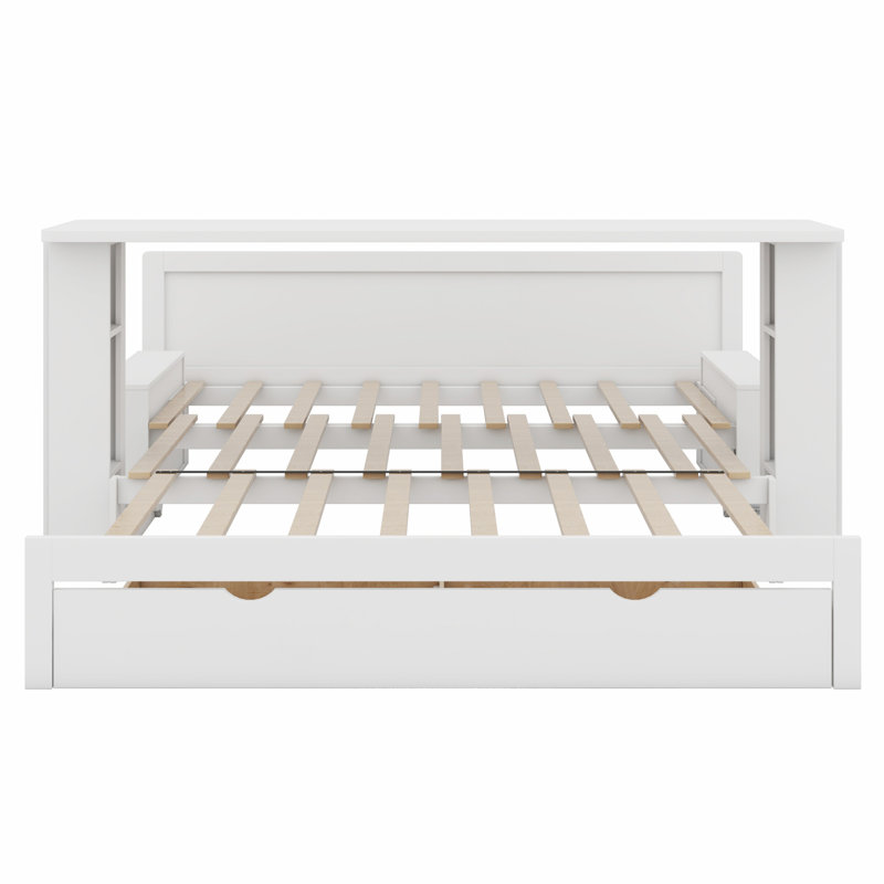 Lit de jour avec bureau amovible, tiroirs de rangement et table d'appoint hydraulique, Blanc, Grand lit
