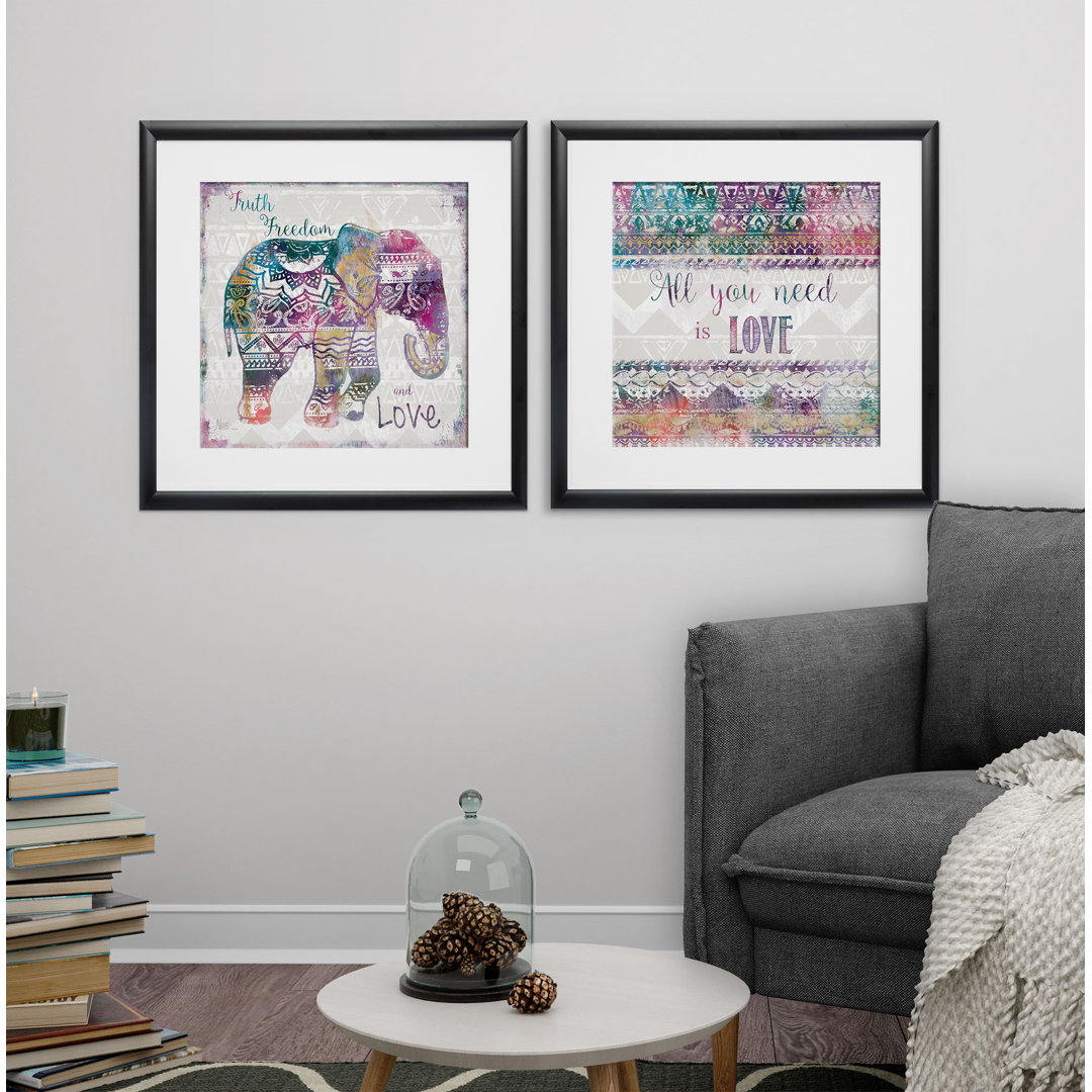  'Boho Elephant' 2 Piece Framed Graphic Art Print Set Bungalow Rose 