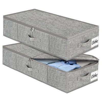 Ensemble de 2 bacs de rangement sous le lit, organisateur de rangement de vêtements pliable à profil bas avec tissu ultra épais et fond / côtés robustes, boîte de rangement à double fermeture à glissière pour le dortoir et la maison