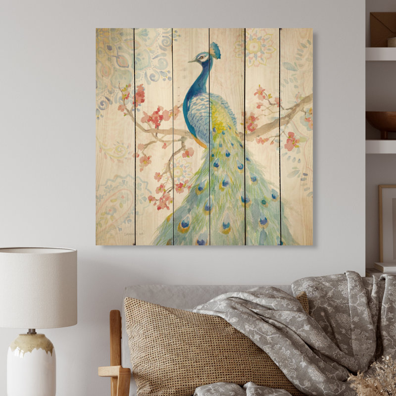 Peacocks Watercolor II - peinture sur bois sans cadre, H 16 po x l 16 po x P 1 po