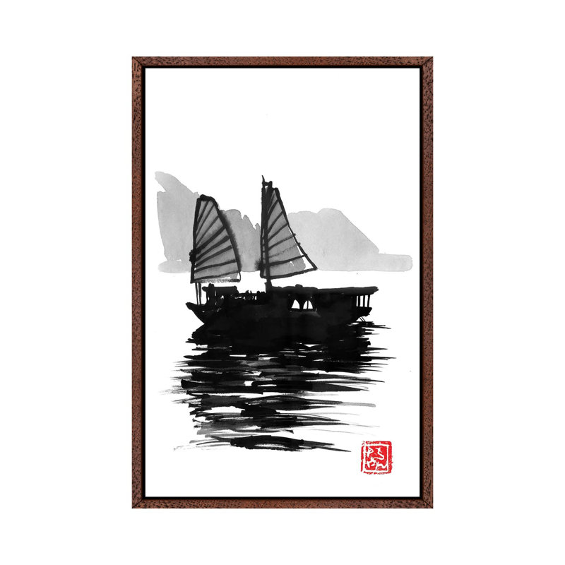 Along Bay Boat by Péchane - Print on Canvas, 66.04 cm H x 45.72 cm W, Classic Brown Wood Framed