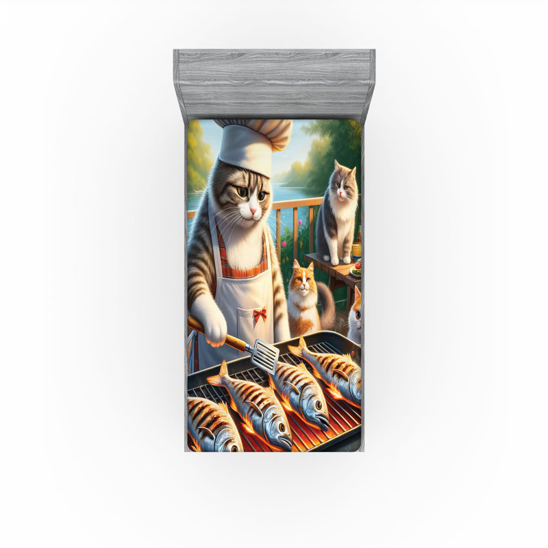 Drap-housse pour chat Ambesonne_ Drôle de chef chaton grillant du poisson_ Vert orange, Drap-housse de taille simple