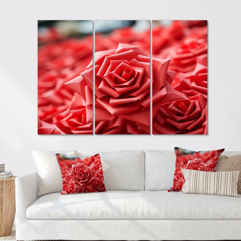 Red Floral Rhythmic Radiance - art mural géométrique, Toile tendue, H 40 po x l 61 po x P 1 po