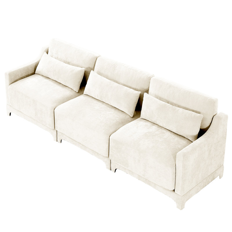 Trois places rembourrées en chenille beige, avec un design ergonomique, un coussin lombaire, une base en bois et des sièges confortables pour plusieurs pièces avec support, éponge élégante et haute résilience, modulaire