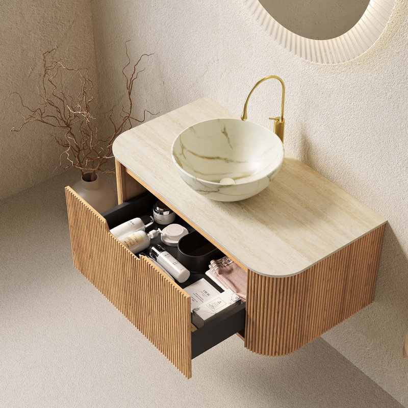 Meuble-lavabo 36 po, meuble-lavabo rayé à bords arrondis avec tiroir, cuve en céramique blanc mat et plateau en pierre frittée, pré-assemblé