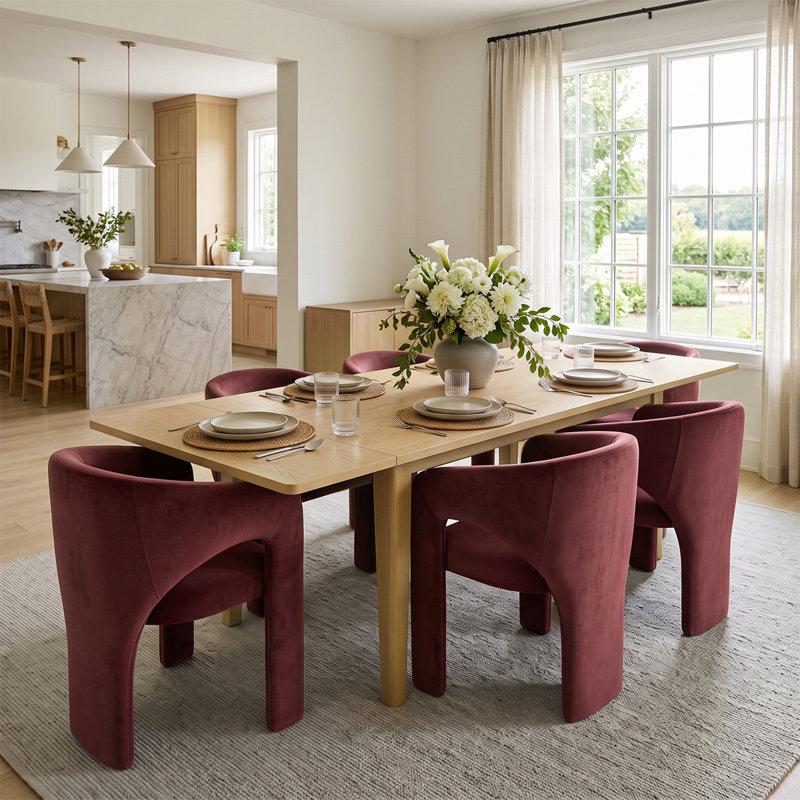 Ensemble de table de salle à manger extensible en placage de bois de 72" à 104" avec 6 fauteuils en velours, Burgundy