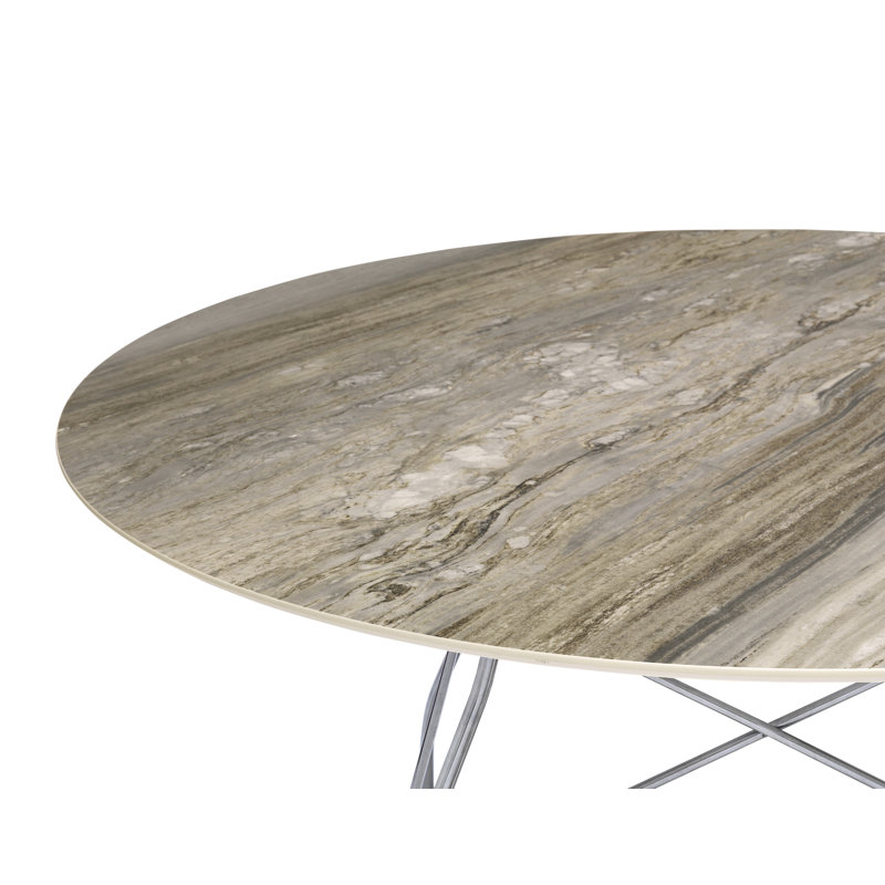 Glossy Round Dining Table, 50.39" W x 50.39" L, Chrome, Symphonie Marble