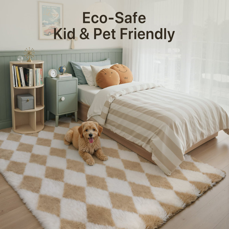 Beige Machine-Washable Checkered Shag Area Rug, Rectangle 5' x 7'